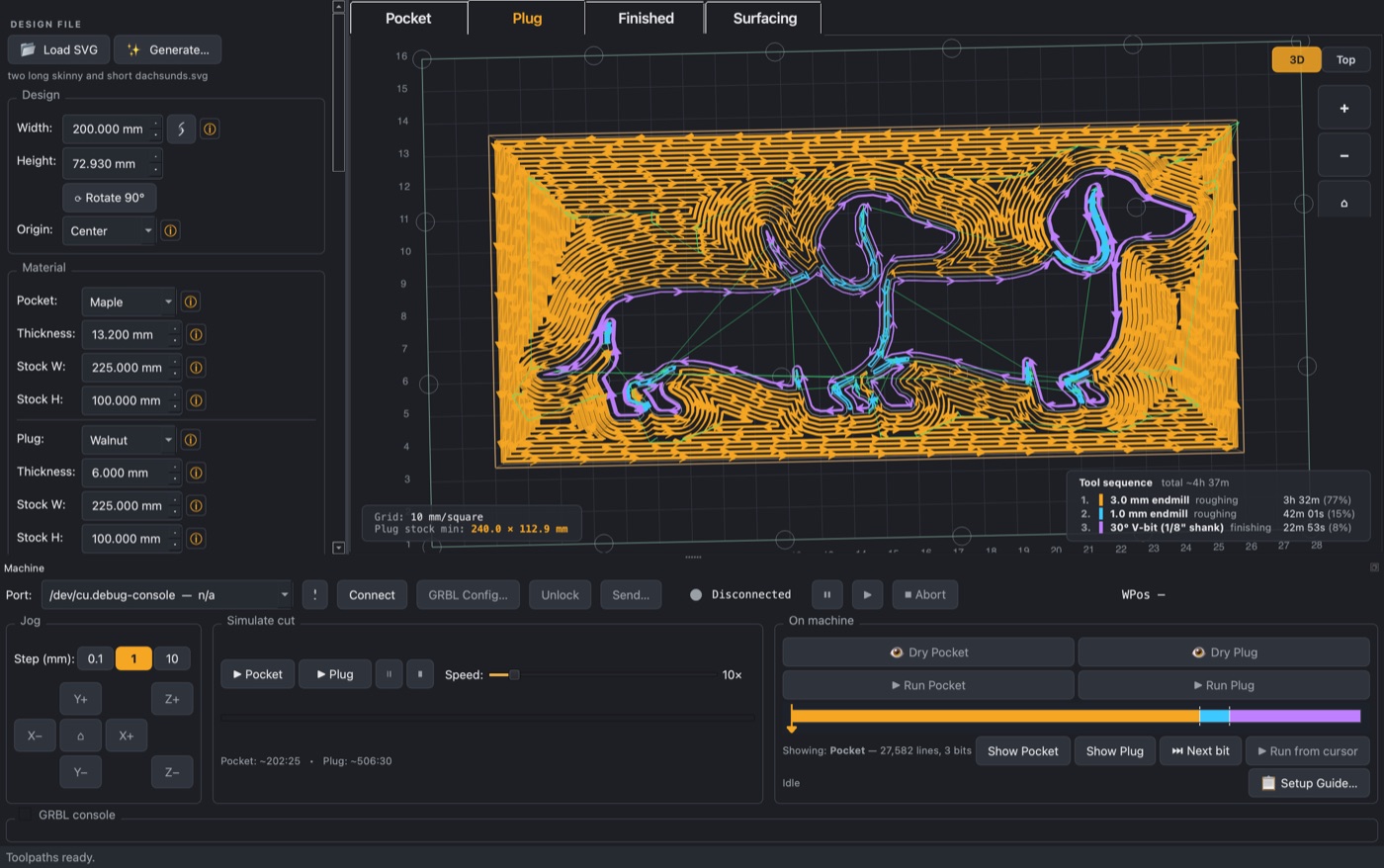 3D preview of the plug-side toolpath for the twin-dachshunds project, showing the wood block on the bed grid, multi-bit chains colour-coded (pink, green, blue), and the bit-segment scrub bar with the run cursor at the bottom.