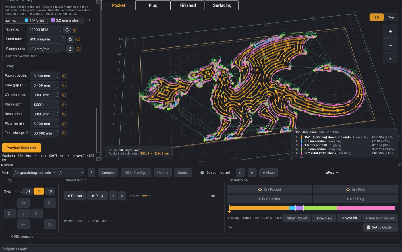 Detailed dragon design loaded in CNC Inlay Studio with a four-bit roughing-and-finishing sequence (1/4 inch down-cut, 3 mm endmill, 1.5 mm endmill, 30 degree V-bit) and the layered wood block visible in 3D.